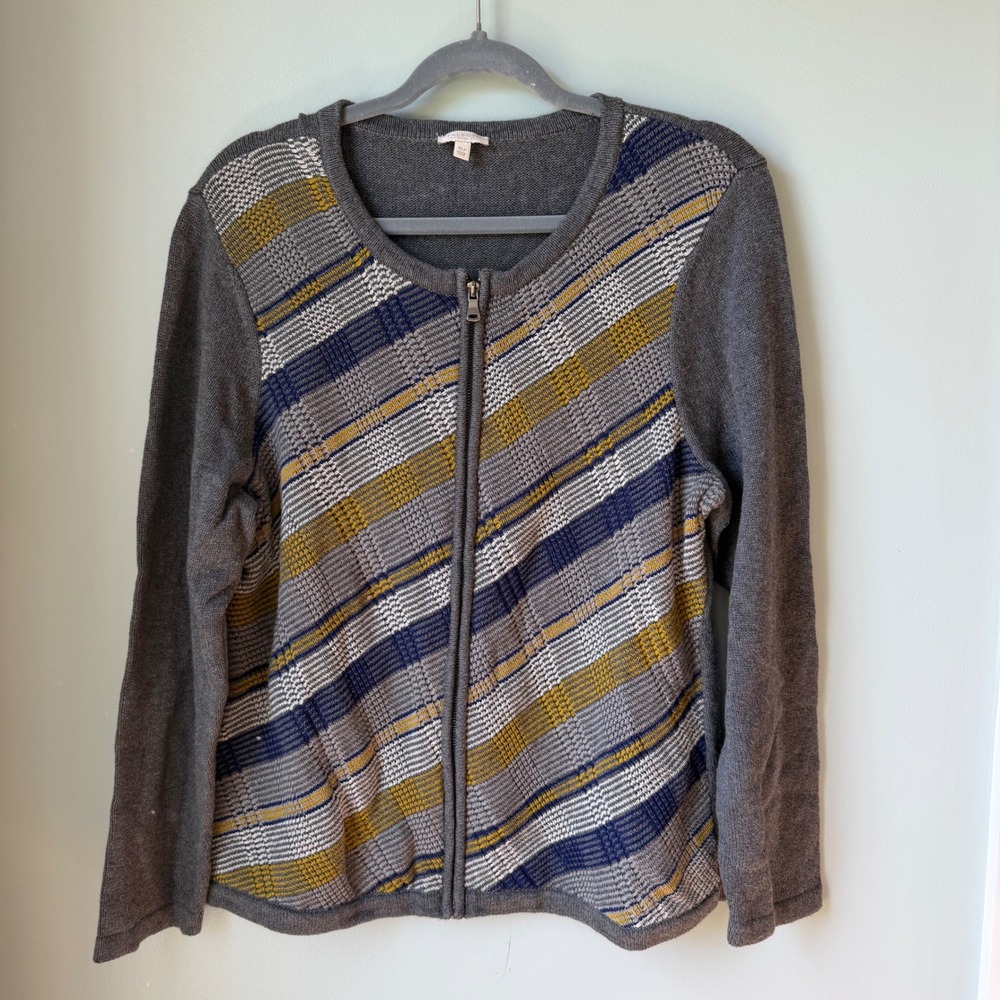 Talbots Petite Cardigan Sweater Full Zip Gray Blue Yellow Stripe 100% Cotton XLP